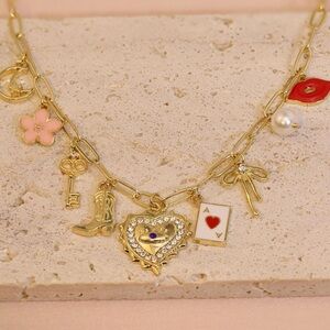 Gold Charm Necklace with Heart Red lips bow cowgirl boots and Card Accents